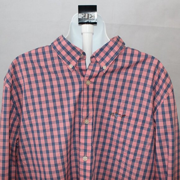 Greg Norman Men’s Long Sleeve Button Down Shirt Pink Navy Plaid Striped Size XL - Picture 2 of 8